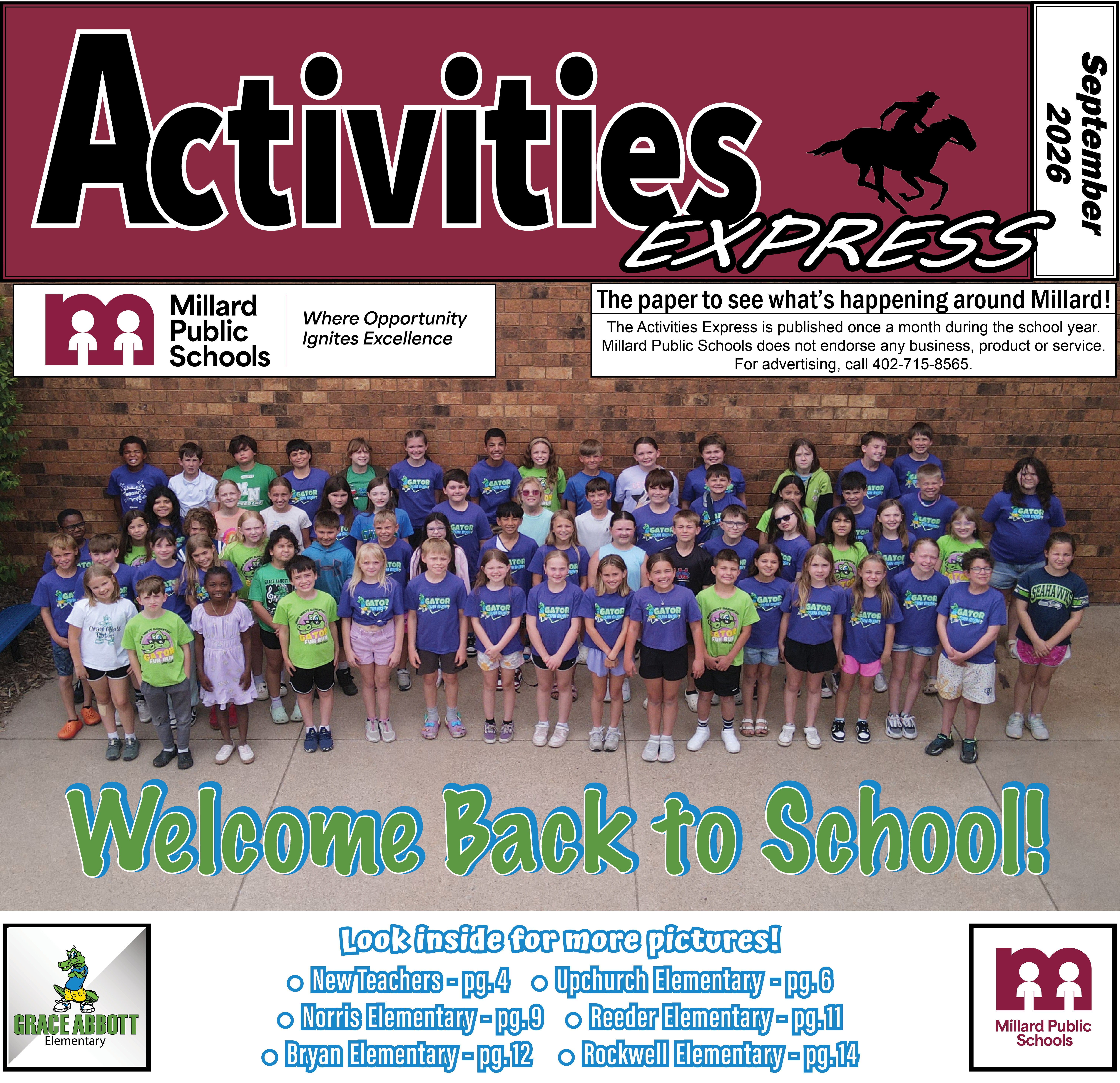 Cover page of the September Activities Express with a group picture of Abbott Elementary School students