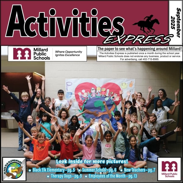 Cover page of the September Activities Express with a class picture of students at Black Elk Elementary