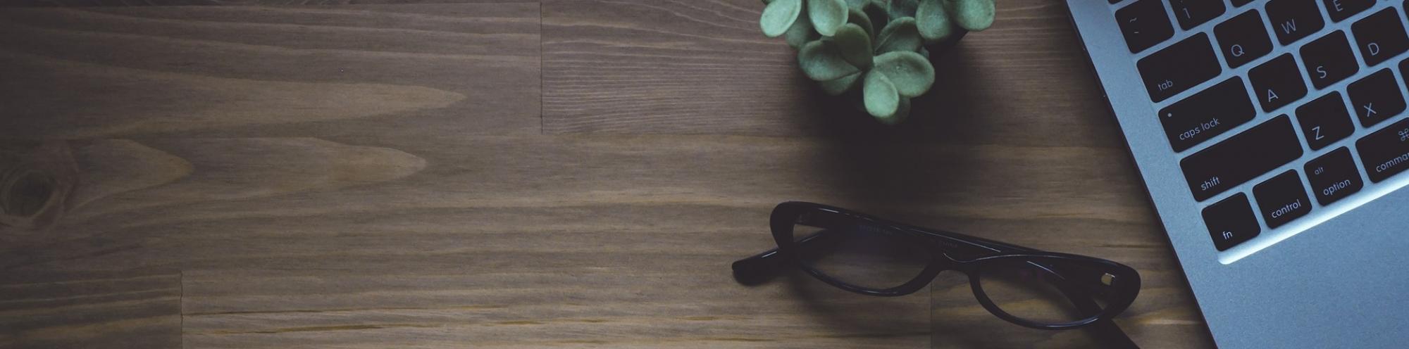 coffee cup, glasses, a plant, and a computer