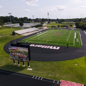 wide shot of mural and stadium